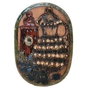 1970s Kitchen Pottery Plaque Ceramic Tile Wall Décor Hanging Art Bottle Grapes